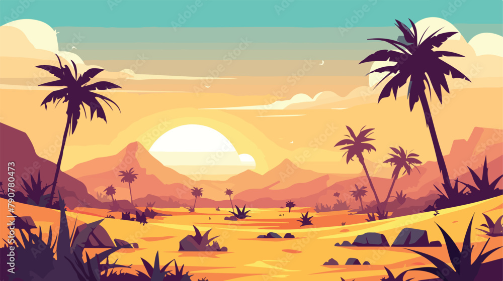 Cartoon nature sand desert landscape with palms her