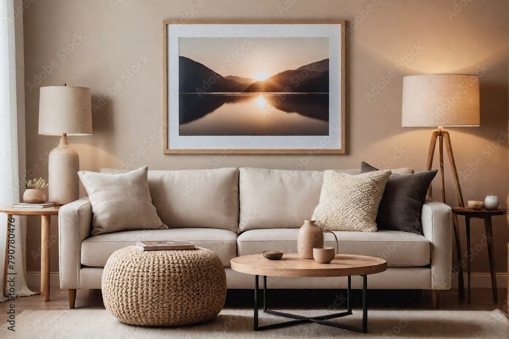 Domestic living room with a sofa, lamp, and minimal art frame with a beige color tone. Domestic living room with a sofa, lamp, and minimal art frame with a beige color tone.