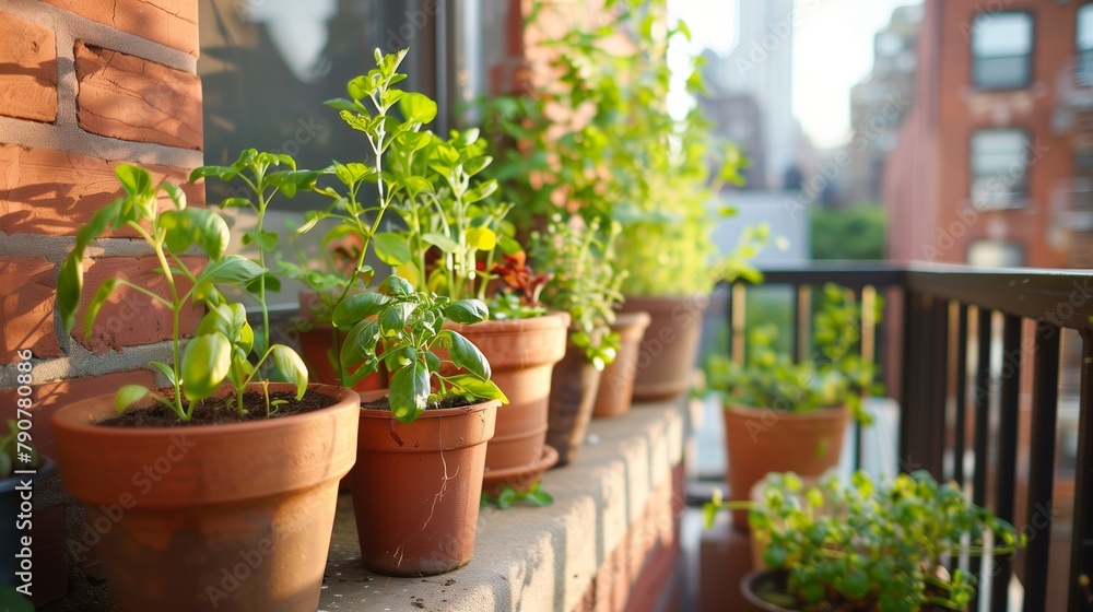 A small, lush balcony garden in a bustling urban cityscape, showcasing a variety of plants and vegetables being cultivated in compact spaces for sustainable living and self-sufficiency. A small, lush balcony garden in a bustling urban cityscape, showcasing a variety of plants and vegetables being cultivated in compact spaces for sustainable living and self-sufficiency.