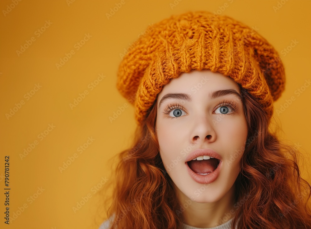 Young woman looking up with surprised and shocked expression. isolated soft blue background. copy space. Young woman looking up with surprised and shocked expression. isolated soft blue background. copy space.