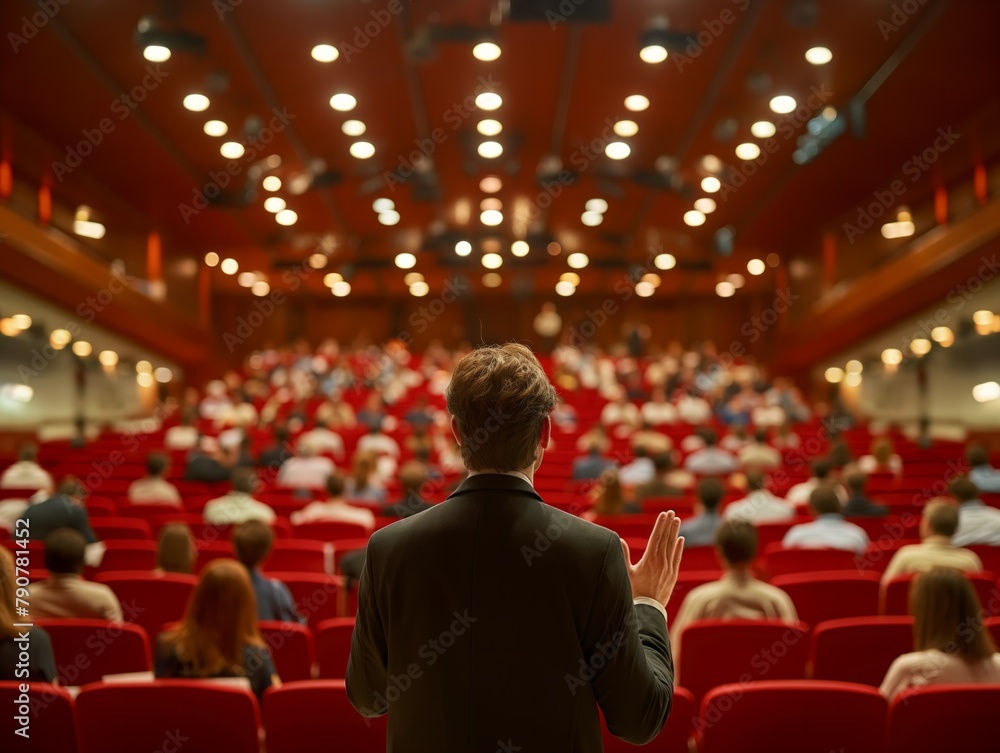 A man stands in front of a large audience in a red auditorium. The man is giving a speech and the audience is attentive. The atmosphere is serious and focused A man stands in front of a large audience in a red auditorium. The man is giving a speech and the audience is attentive. The atmosphere is serious and focused