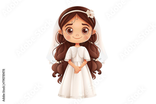 cartoon illustration of pretty little girl with long hair in white dress celebrating communion on transparent background