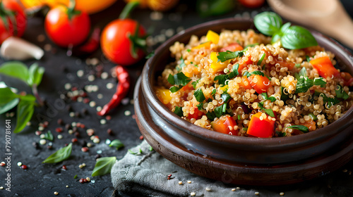Deliciously Healthy Quinoa Recipe Showcased in a Dark Bowl Garnished with Vibrant Vegetables