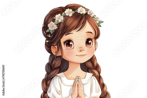 cartoon illustration portrait of beautiful little girl with long hair and wreath celebrating communion on transparent background