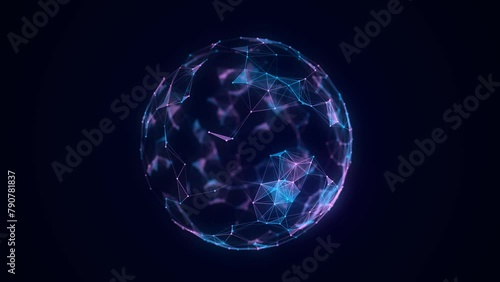 Futuristic colors sci-fi sphere in space. Technology circle a network connection big data. Digital ai background with particles. Abstract frame ball. 3D wireframe geometric sphere. 3D rendering.