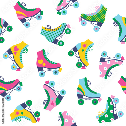 Seamless pattern with colourful retro roller skates. Vector illustration.