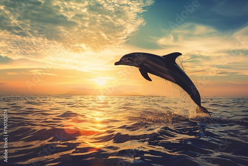 Dolphin jumping out of the water at sunset. Toned