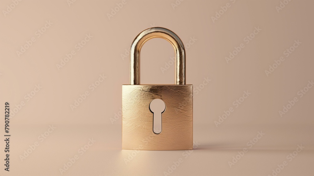 Fototapeta premium golden padlock on beige background, locking concept key shiny unlocking