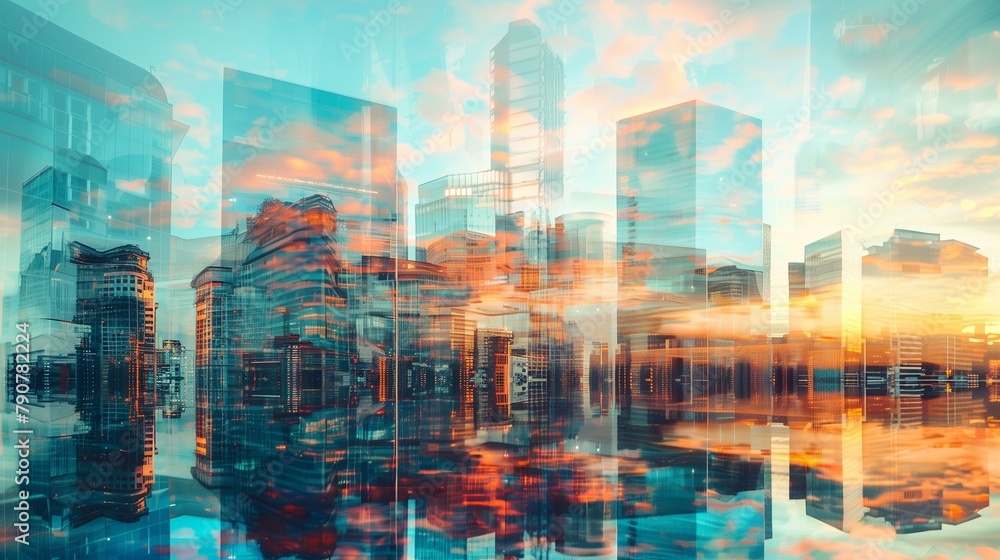 Multiple exposure, cityscape with skyscrapers and clouds, construction industry city life window urban skyline dusk
