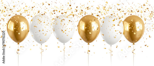 Celebrations background with glossy helium  balloons, golden confetti decoration. Holidays mockup. Birthday greeting card. Generative ai © Inai