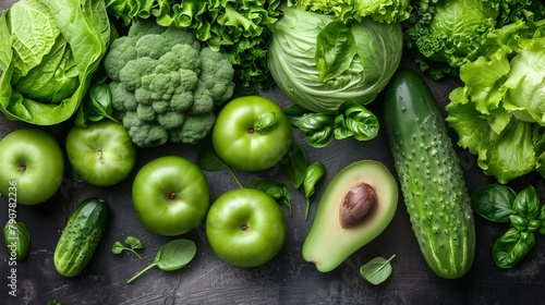 Green vegetables on black background, broccoli eating avocado meal cucumber