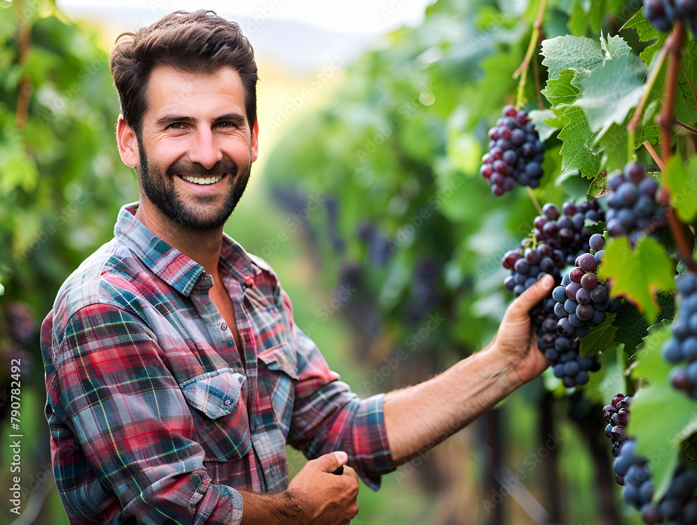 Winemaker inspecting a cluster of ripe grapes in a lush vineyard Winemaker inspecting a cluster of ripe grapes in a lush vineyard
