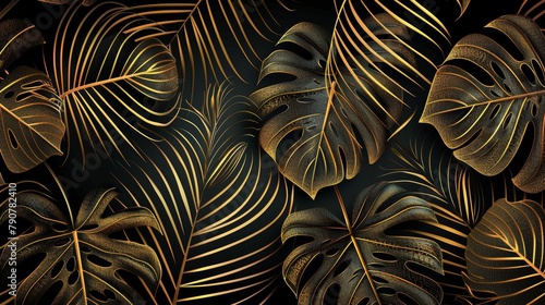 Wallpaper with golden split-leaf Philodendron plant and monstera plant line art on a dark background. Modern illustration.