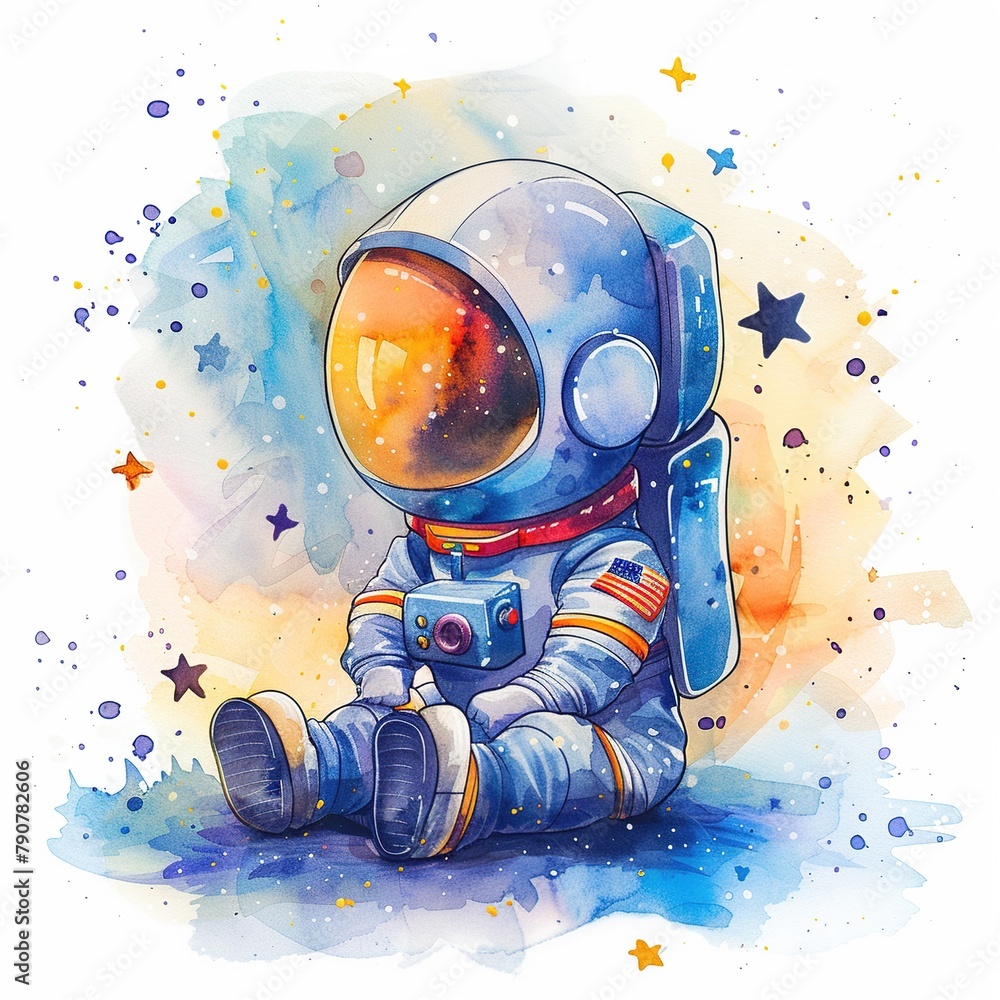cartoon watercolor cute astronaut character in spacesuit sits on white background with splashes - obrazy, fototapety, plakaty 