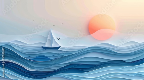 This abstract line art sea wall art template depicts birds, sunsets, clouds, sky and boats in a minimal style. It is ideal for summer decoration, interior, wallpaper, or wall art.
