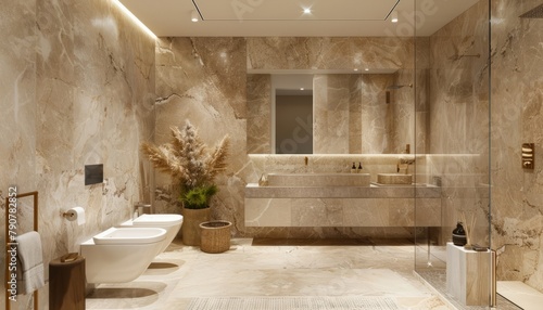 The concept of a modern bathroom in light-colored stone is AI-generated