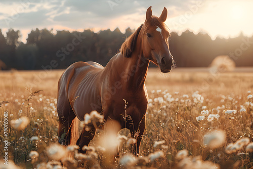 Beautiful brown horse standing in high grass in sunset light. Red horse with long mane in flower field, arabian horse grazing on pasture
