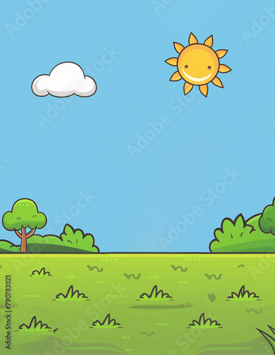 A funny illustration in cute cartoon style of a summer lonely with copy space landscape with green grass trees and blue sky with sun and a cloud for a background for a card