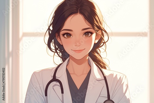 portrait of a beautiful anime female doctor with black hair
