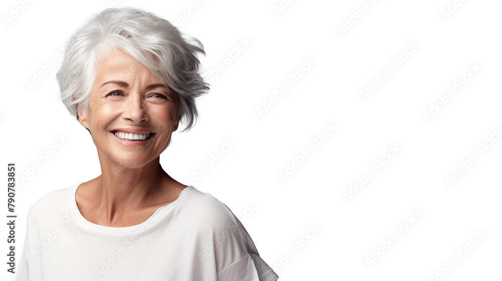 beautiful middle-aged woman with perfect skin and gray hair and smiling isolated. advertising of cosmetic products, skin care cosmetics, cosmetic procedures. mockup for design beautiful middle-aged woman with perfect skin and gray hair and smiling isolated. advertising of cosmetic products, skin care cosmetics, cosmetic procedures. mockup for design
