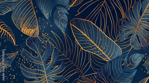 Modern background with blue tropical leaves, tree, leaves branching out in a hand drawn pattern. Elegant botanical jungle for banners, prints, decorations, and fabrics.