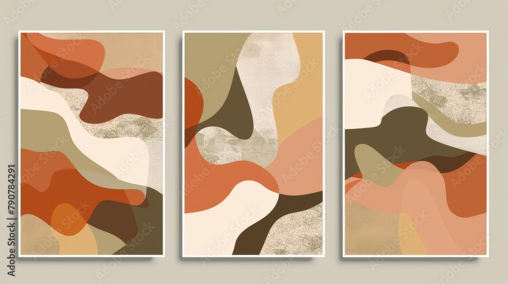 Modern illustration of abstract wall arts. Organic shapes in earth tones for poster, print, cover, wallpaper, and minimalism.