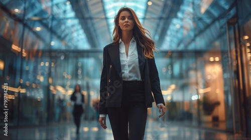 Dynamic shot of a confident businesswoman walking purposefully through a bustling office space. photo