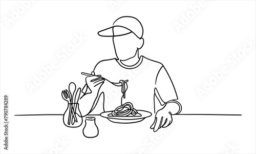 Man in a cap eating spaghetti  isolated on white background. Eating line art drawing. Vector illustration