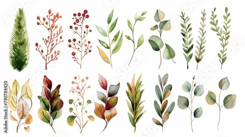 An elegant fall collection of leaf branches, eucalyptus leaves, flowers, berries, pine leaves. A set of watercolor botanical elements for wedding invitations, decorative cards, and much more. photo