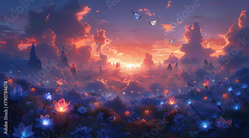 Mists of Elysium: Watercolor Dreamscape of Dawn-Lit Isles and Luminescent Blooms photo