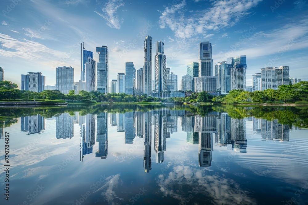 Skyline Reflection with cityscape mirrored in the still waters of a river or lake, creating a symmetrical reflection