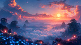 Glowing Horizons: Watercolor Reverie of Dawn's Embrace and Celestial Gardens