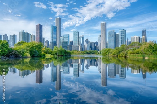 Skyline Reflection with cityscape mirrored in the still waters of a river or lake, creating a symmetrical reflection