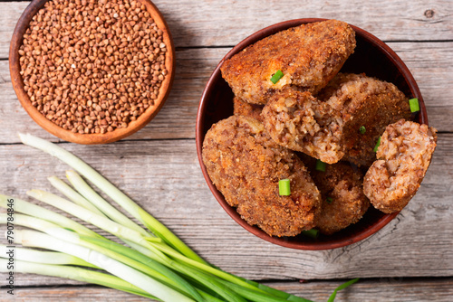 Healthy vegetarian food background photo . Fried buckwheat cutlets