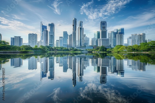 Skyline Reflection with cityscape mirrored in the still waters of a river or lake, creating a symmetrical reflection