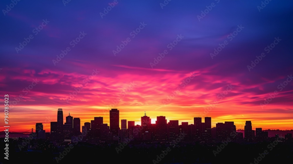 Sunset Silhouette with cityscape against the warm hues of a setting sun, with buildings outlined against the colorful sky