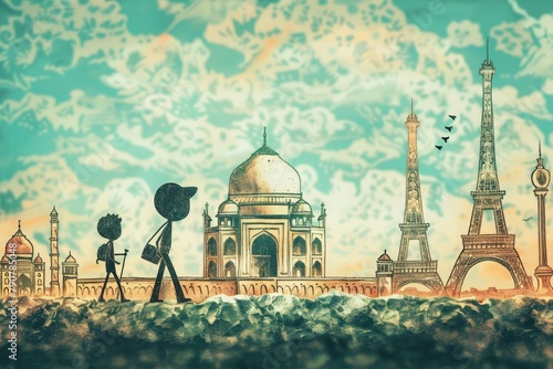 Travel Adventures with Stick figures exploring iconic landmarks and destinations around the world