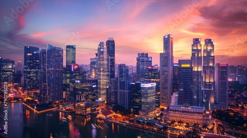 Panorama of urban city skyline at dusk by the warm glow of streetlights and skyscraper © authapol