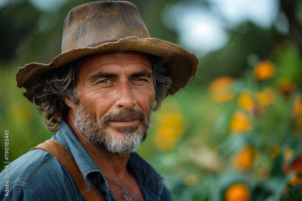 A happy seasoned farmer with a genuine smile is standing before vibrant sunflowers exuding warmth and friendliness A happy seasoned farmer with a genuine smile is standing before vibrant sunflowers exuding warmth and friendliness