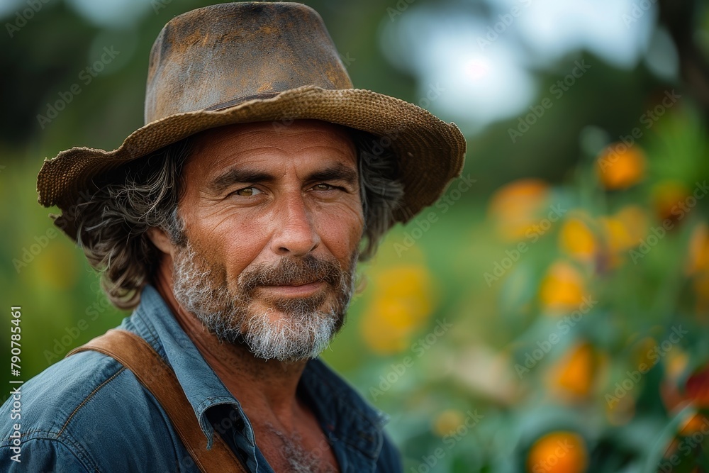 A happy seasoned farmer with a genuine smile is standing before vibrant sunflowers exuding warmth and friendliness