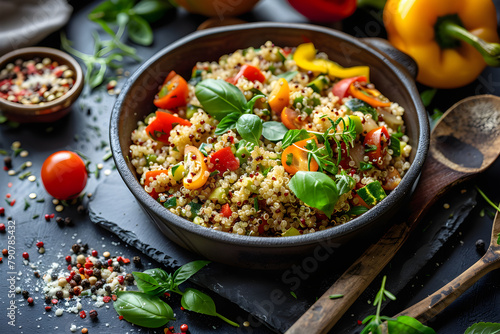 Deliciously Healthy Quinoa Recipe Showcased in a Dark Bowl Garnished with Vibrant Vegetables