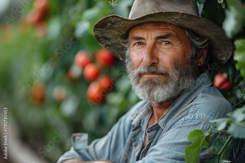 A mature farmer in a hat rests with a backdrop of lush tomato plants, exuding experience and contentment