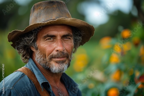 A happy seasoned farmer with a genuine smile is standing before vibrant sunflowers exuding warmth and friendliness