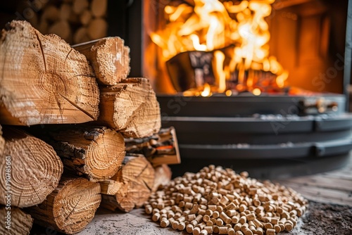 A close-up view of firewood and pellets by the lit fireplace  portraying warmth and sustainable heating