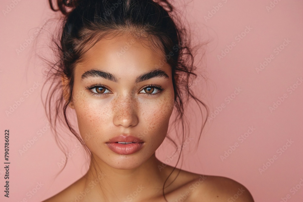 Attractive mixed race woman with hair in a natural bun, showcasing her natural beauty and radiant skin on a pastel pink background. Attractive mixed race woman with hair in a natural bun, showcasing her natural beauty and radiant skin on a pastel pink background.