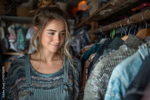 A candid shot of a young woman looking at clothes in a cozy boutique clothing store