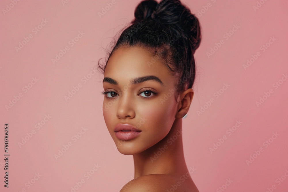 © James - Attractive mixed race woman with hair in a natural bun, showcasing her natural beauty and radiant skin on a pastel pink background.