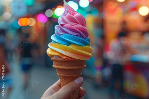 An appetizing swirl of multicolored soft serve ice cream presented in a crispy cone against a lively fairground backdrop
