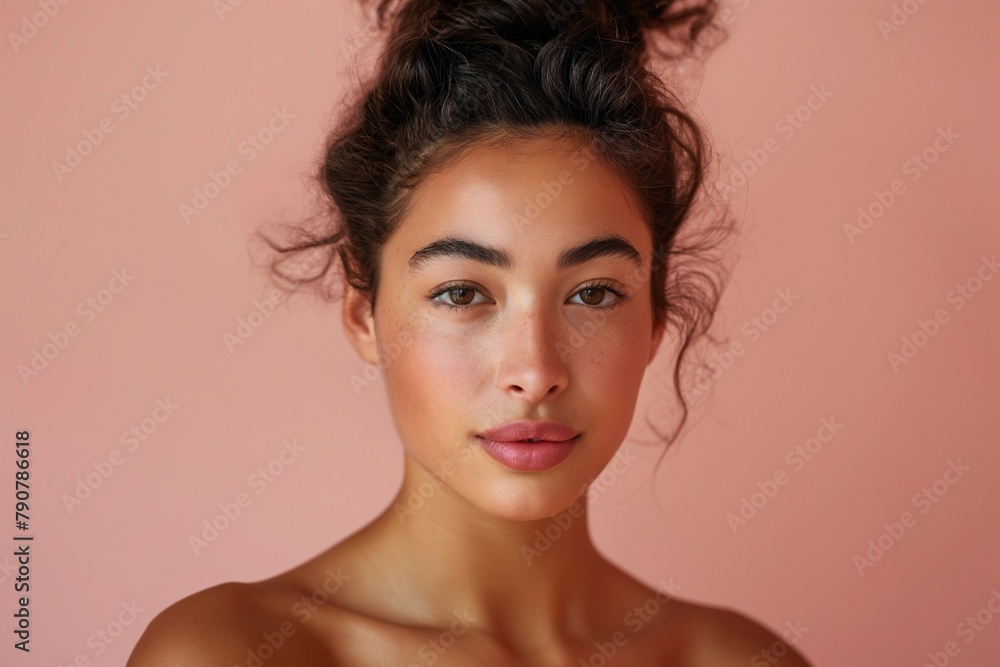 Attractive mixed race woman with hair in a natural bun, showcasing her natural beauty and radiant skin on a pastel pink background. Attractive mixed race woman with hair in a natural bun, showcasing her natural beauty and radiant skin on a pastel pink background.