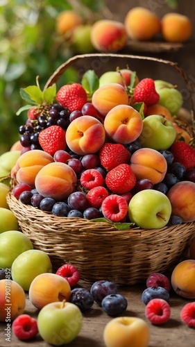 Basket brimming with vibrant mix of fresh fruits centerpiece  capturing essence of bountiful harvest. Nestled within woven confines glossy.